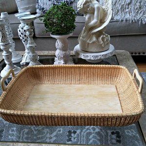 VINTAGE Bamboo & WOOD Centerpiece TRAY Handles